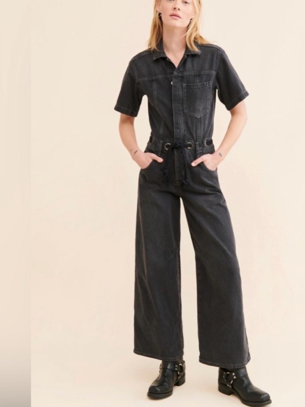 Free People Black Wide-Leg Utility Jumpsuit